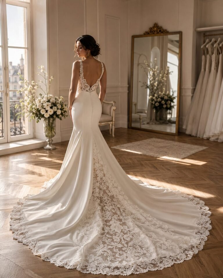 Bride wearing an ivory wedding dress with a long train before the bustle