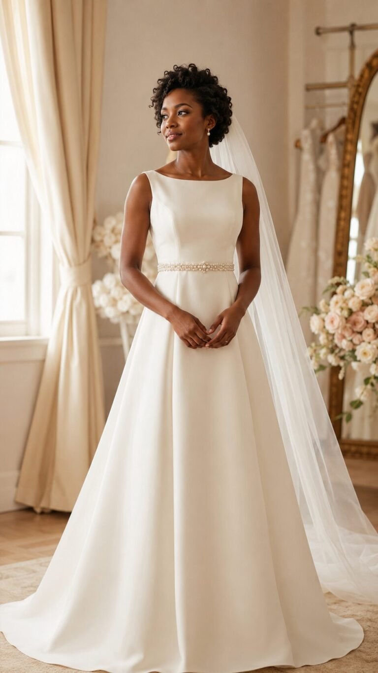 Bride wearing a pearl bridal belt with an ivory wedding dress and soft veil