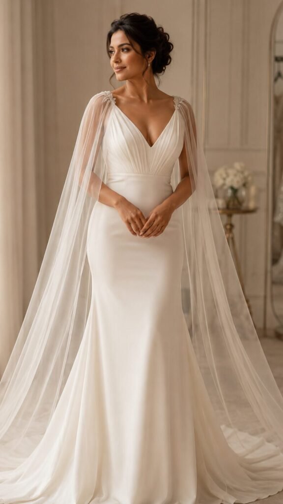 Bride wearing a sheer bridal cape with an ivory wedding dress as a veil alternative
