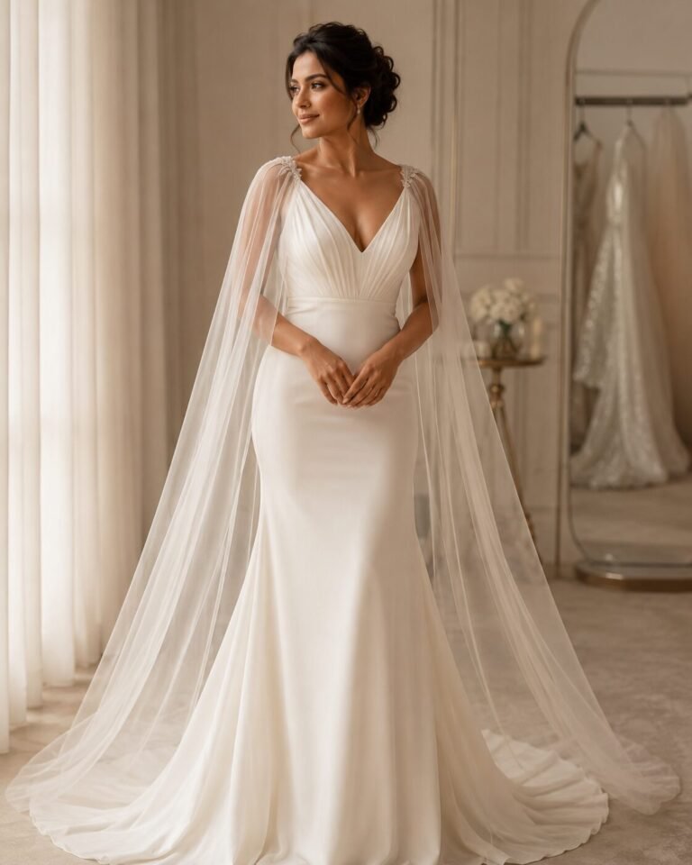 Bride wearing a sheer bridal cape with an ivory wedding dress as a veil alternative