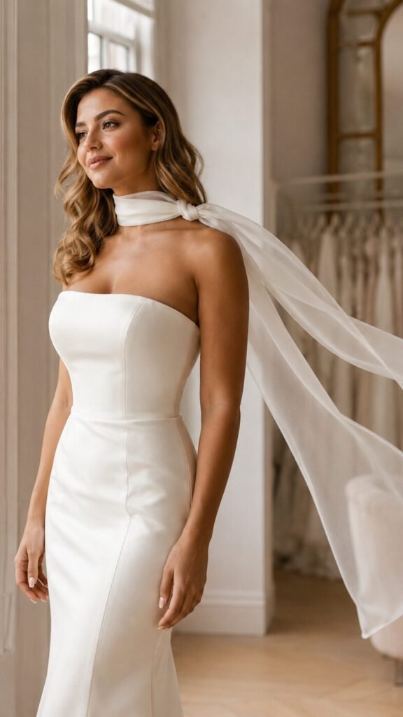 Bride wearing a sheer bridal scarf with a strapless ivory wedding dress