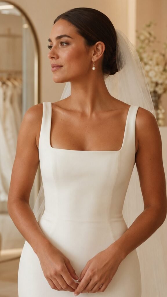 Bride wearing an ivory square neckline wedding dress with pearl earrings and soft veil