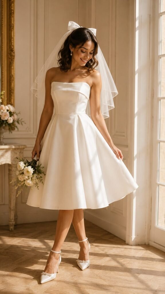 Bride wearing an ivory tea-length wedding dress with visible bridal shoes and short veil