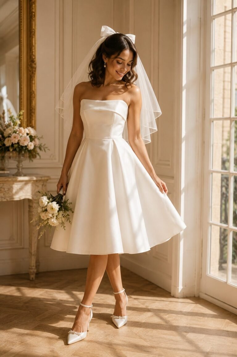 Bride wearing an ivory tea-length wedding dress with visible bridal shoes and short veil