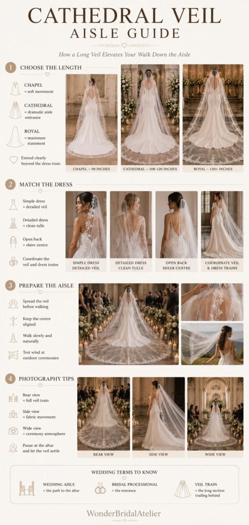 Cathedral veil guide showing veil lengths dress matching wedding aisle preparation and photography tips