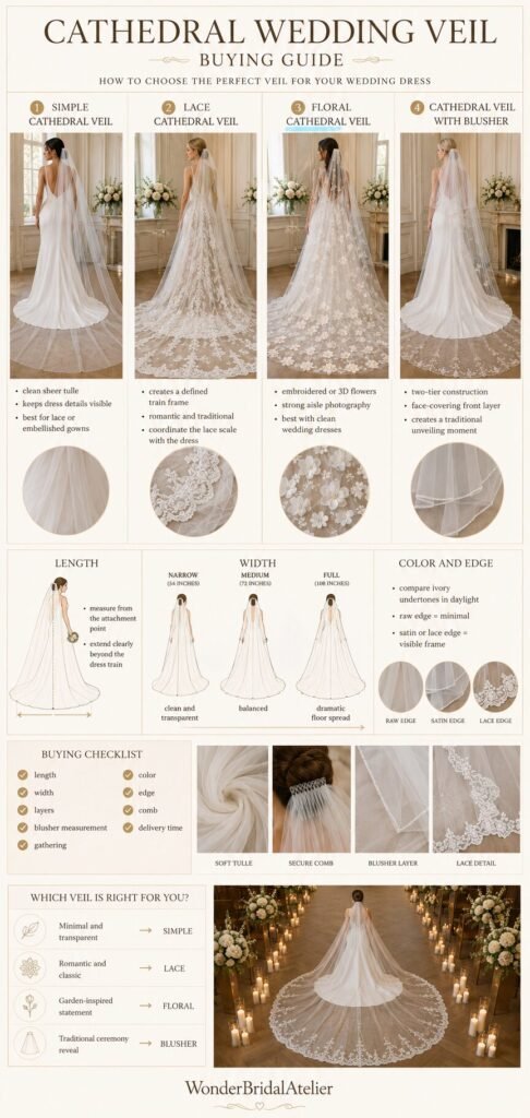 Cathedral wedding veil buying guide comparing simple lace floral and blusher veil styles