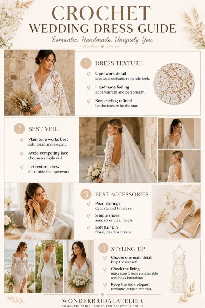 Crochet wedding dress guide showing openwork bridal texture veil and accessory styling tips