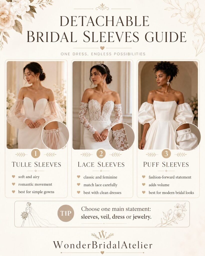 Detachable bridal sleeves guide showing tulle lace and puff sleeve options for wedding dresses
