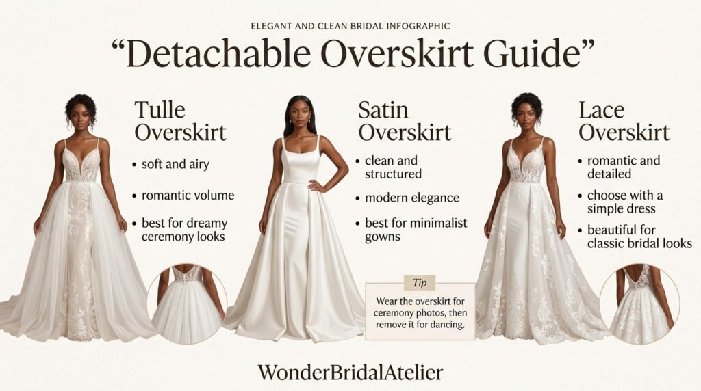 Detachable overskirt guide showing tulle satin and lace bridal overskirt options