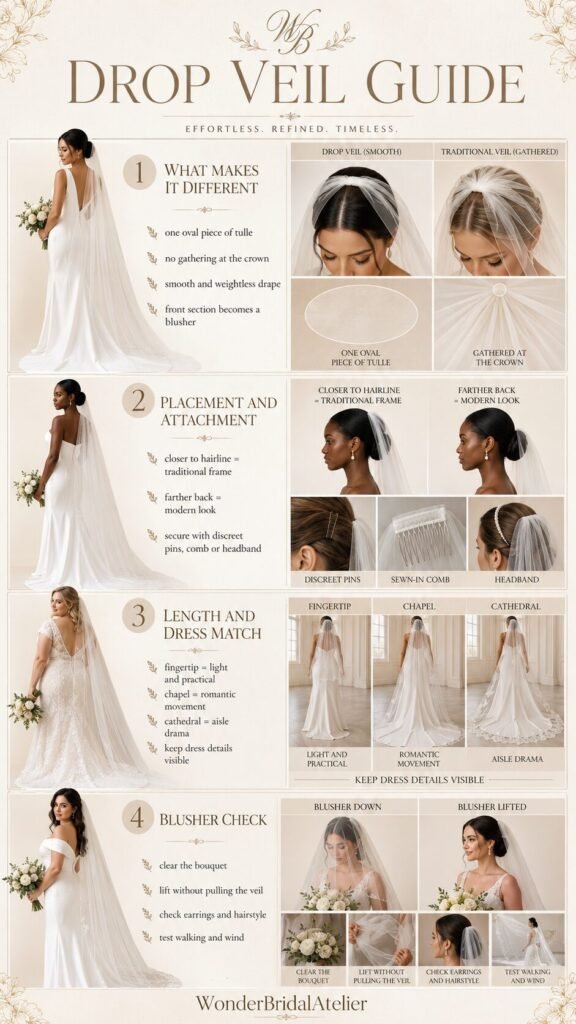 Drop veil guide showing placement attachment blusher movement lengths and dress matching