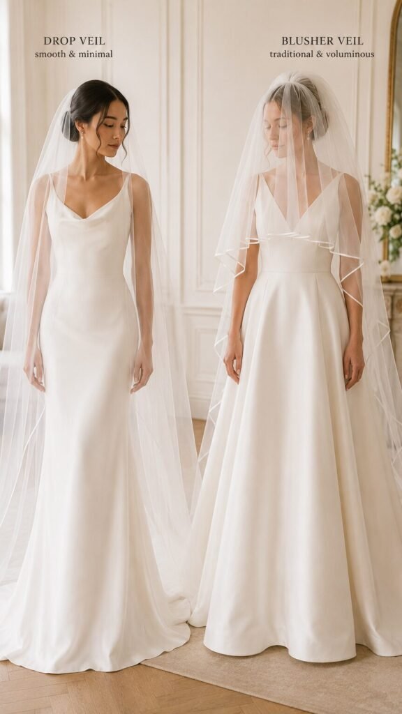 Two brides comparing a smooth drop veil and a gathered blusher wedding veil