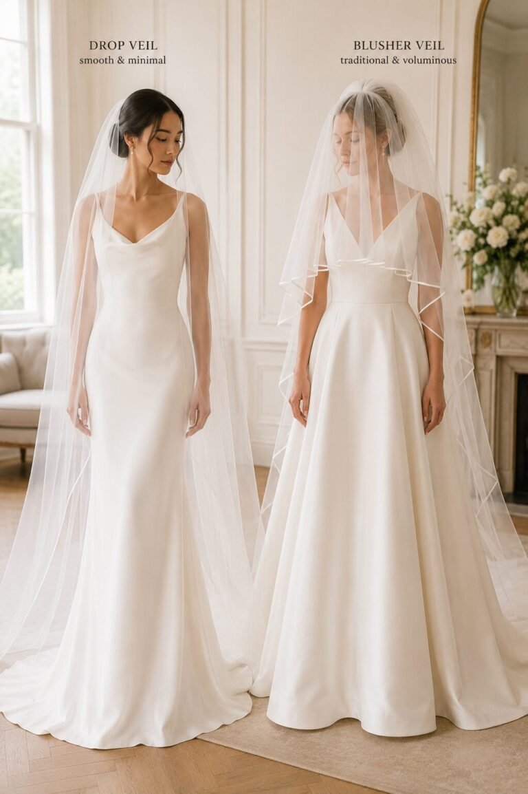 Two brides comparing a smooth drop veil and a gathered blusher wedding veil