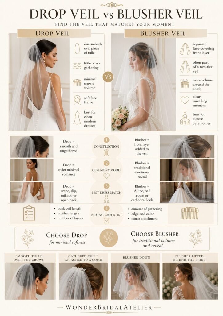 Drop veil vs blusher veil guide comparing construction volume ceremony style and dress matching