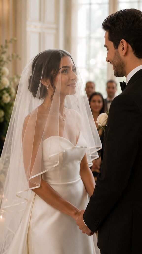 Bride wearing a blusher veil while holding hands with her partner before their wedding vows