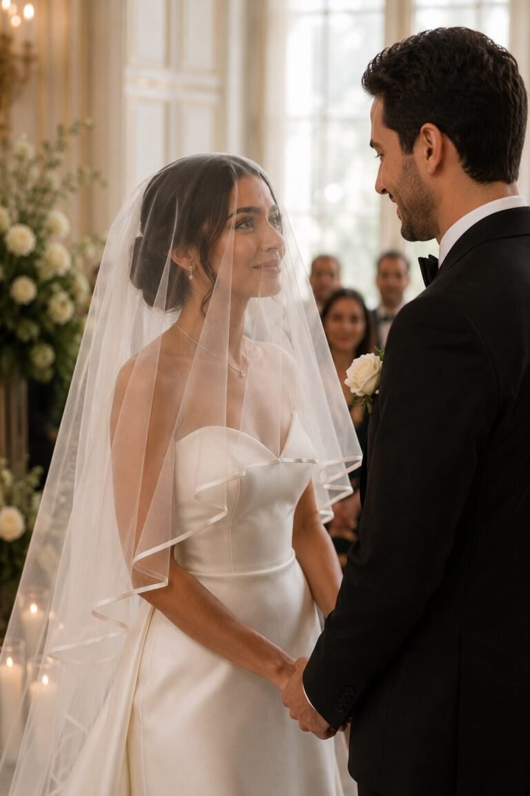 Bride wearing a blusher veil while holding hands with her partner before their wedding vows