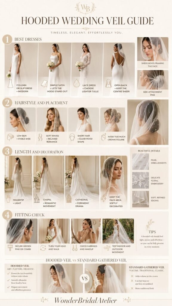 Hooded wedding veil guide showing dresses hairstyles placement lengths and fitting checks