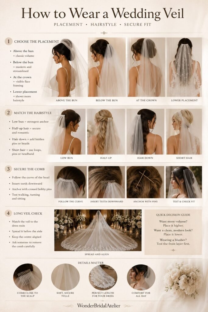 How to wear a wedding veil guide showing placement hairstyles comb attachment and cathedral veil tips