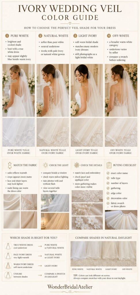 Ivory wedding veil color guide comparing pure white natural white light ivory and off-white tulle