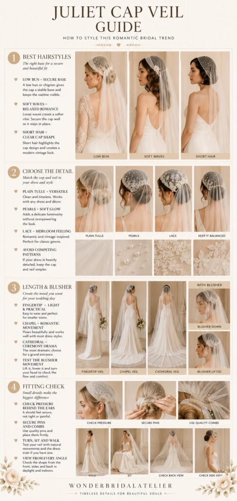 Juliet cap veil guide showing hairstyles embellishments veil lengths blusher and fitting checks