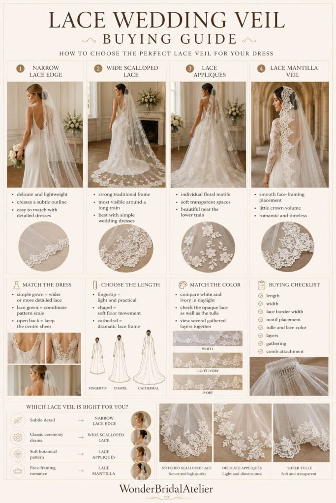 Lace wedding veil guide comparing lace edges appliques mantilla placement and veil lengths