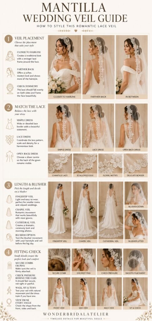 Mantilla wedding veil guide showing placement lace matching lengths blusher and fitting checks