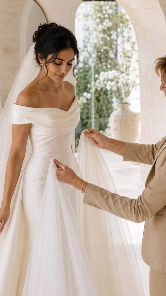 Bride comparing a light ivory wedding veil with white tulle beside her ivory wedding dress
