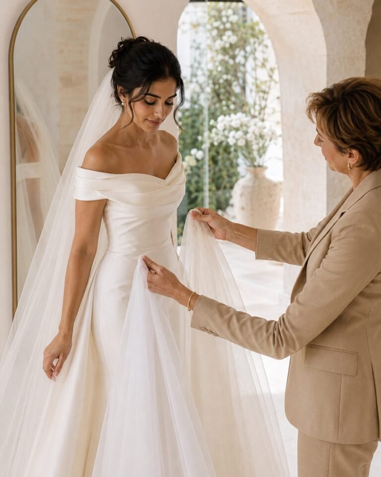 Bride comparing a light ivory wedding veil with white tulle beside her ivory wedding dress
