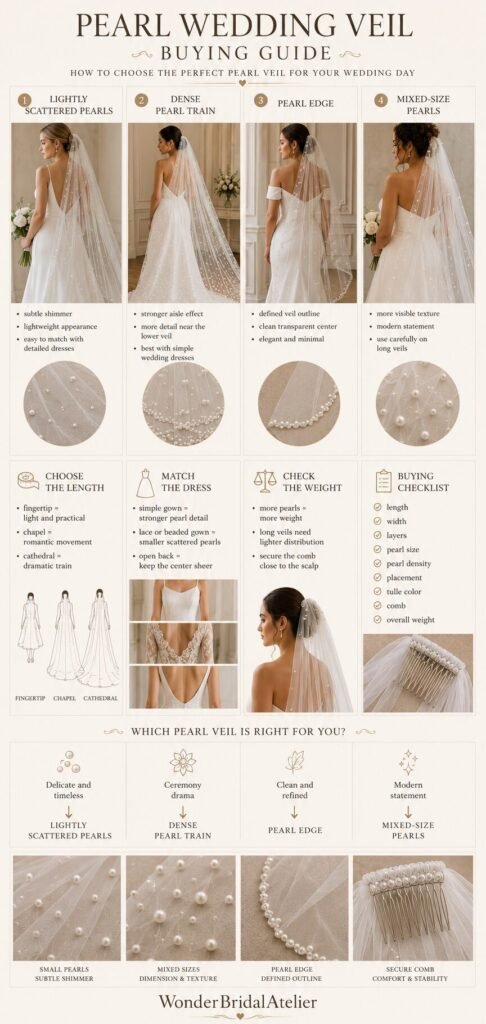 Pearl wedding veil guide comparing pearl placement sizes veil lengths and dress matching