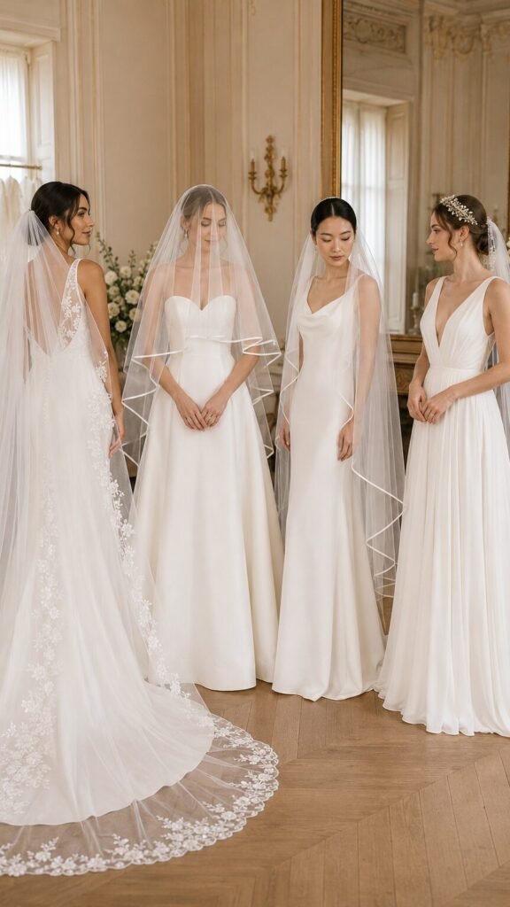 Brides comparing cathedral blusher drop and Juliet cap wedding veil styles