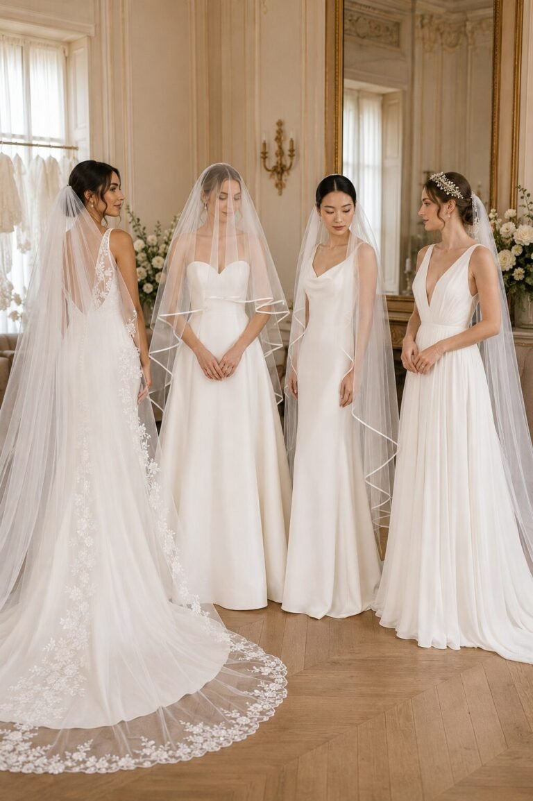 Brides comparing cathedral blusher drop and Juliet cap wedding veil styles