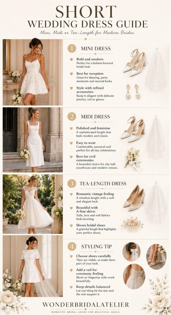 Short wedding dress guide showing mini midi and tea-length bridal dress styles