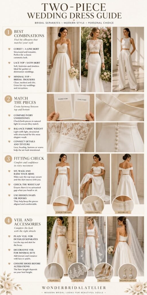 Two-piece wedding dress guide showing bridal combinations fabric matching fitting checks and veil styling