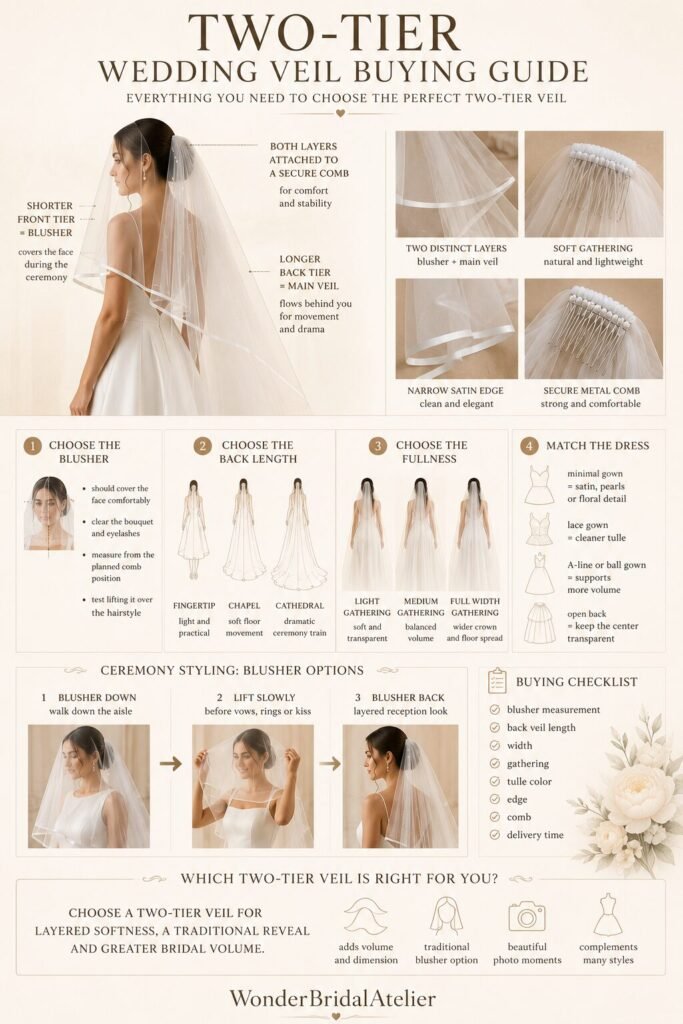 Two-tier wedding veil guide showing blusher length back veil length fullness and ceremony styling