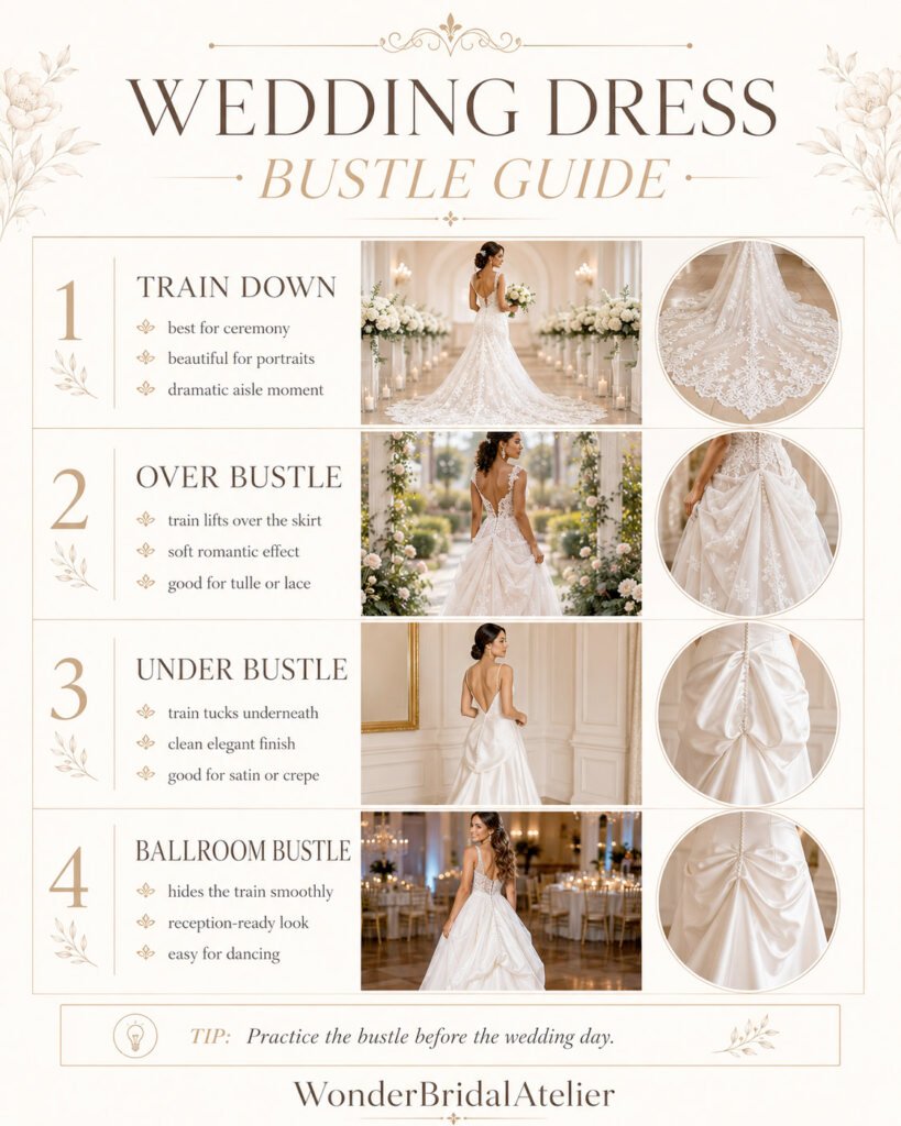 Wedding dress bustle guide showing train down over bustle under bustle and ballroom bustle styles