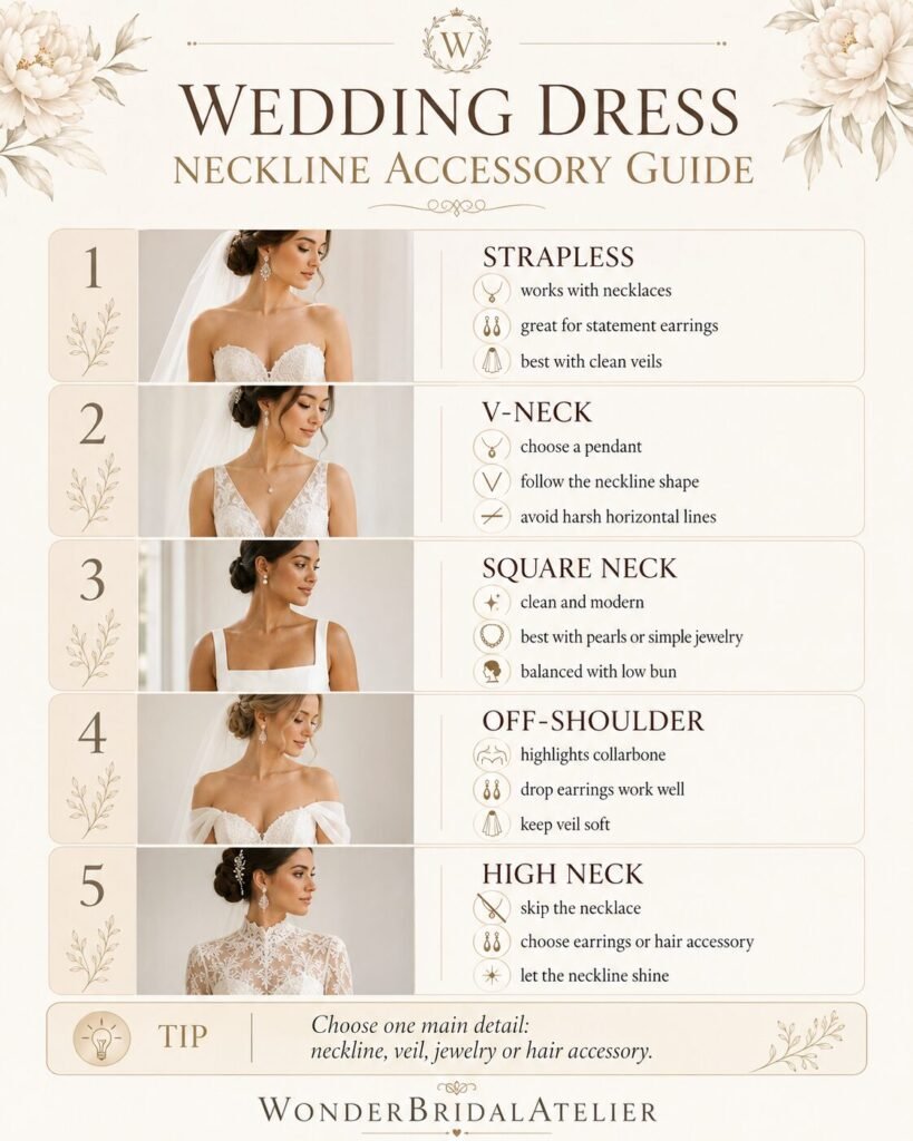 Wedding dress neckline accessory guide showing strapless V-neck square off-shoulder and high neck bridal styles