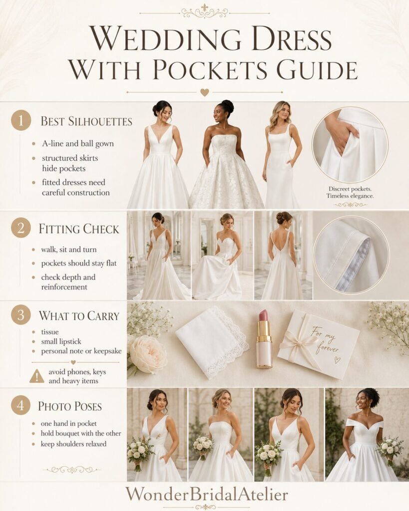 Wedding dress with pockets guide showing suitable silhouettes fitting checks essentials and bridal photo poses