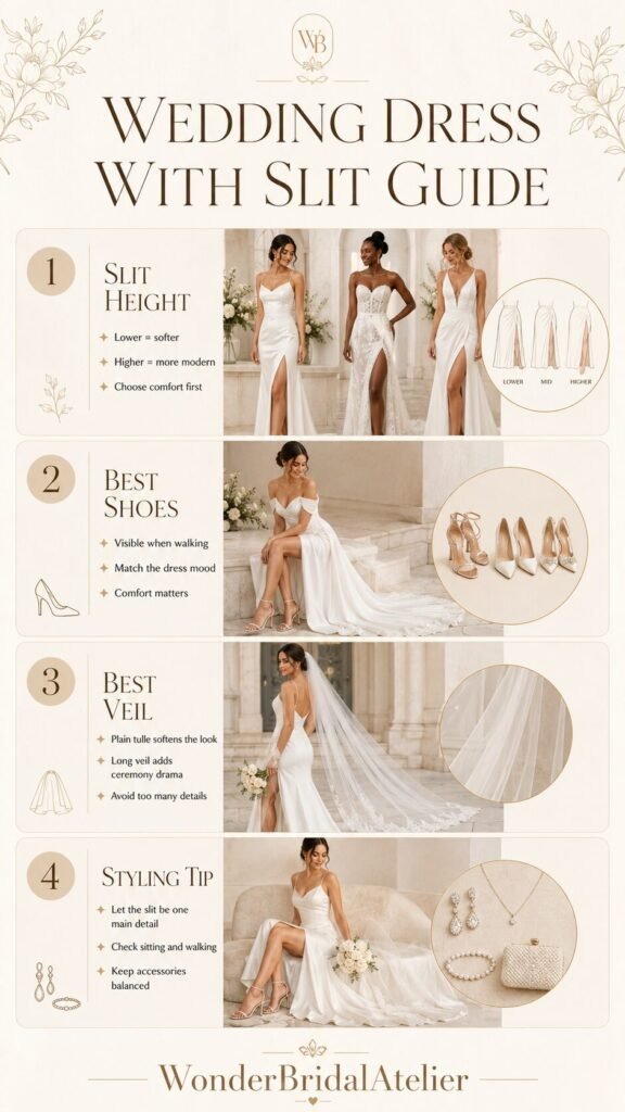 Wedding dress with slit guide showing slit height shoes veil and bridal styling tips
