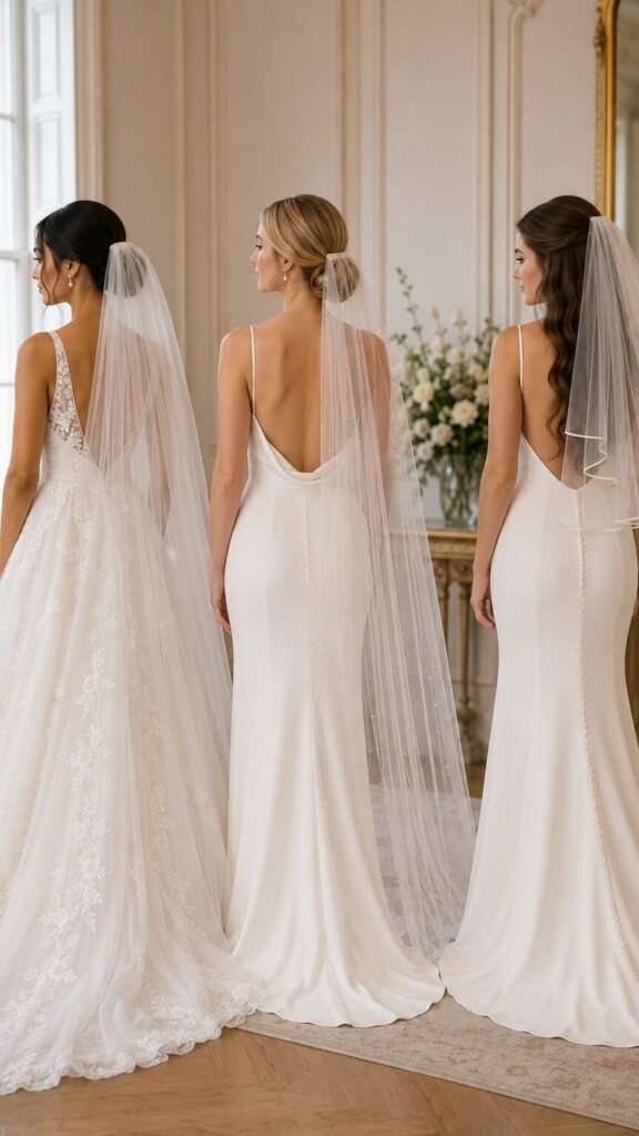 Brides showing wedding veil placement above a low bun below a bun and with half-up hair