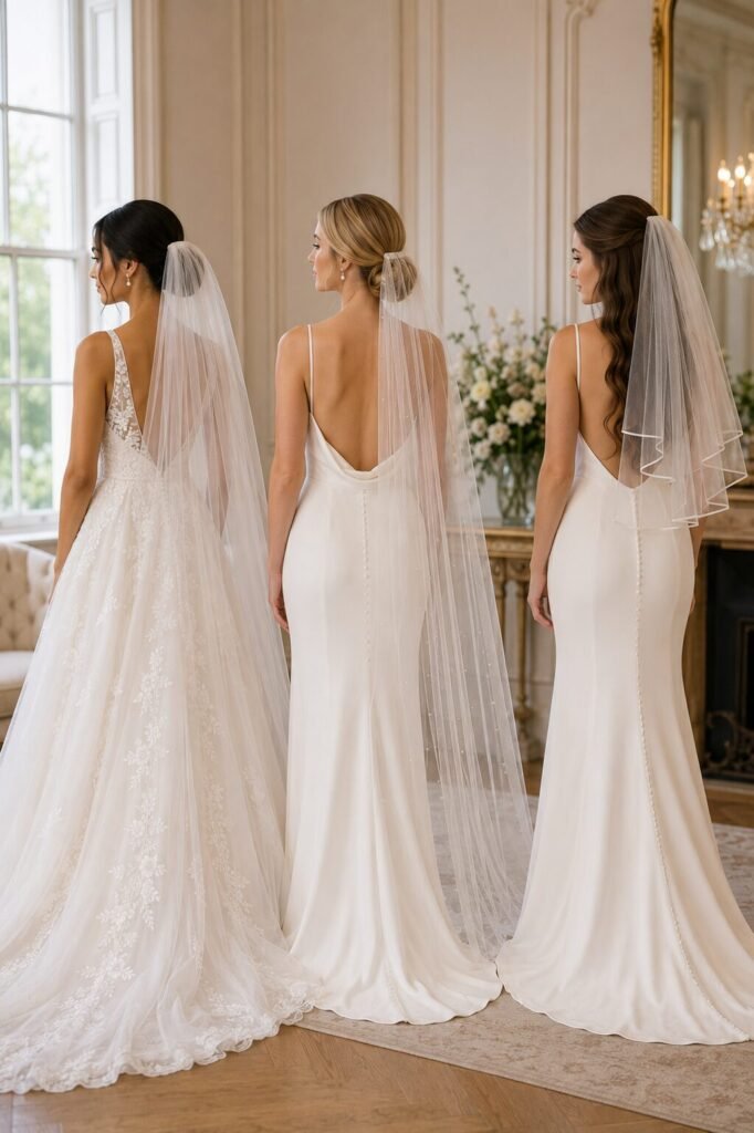 Brides showing wedding veil placement above a low bun below a bun and with half-up hair