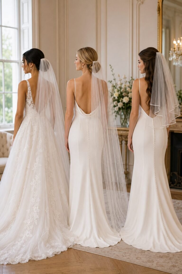 Brides showing wedding veil placement above a low bun below a bun and with half-up hair