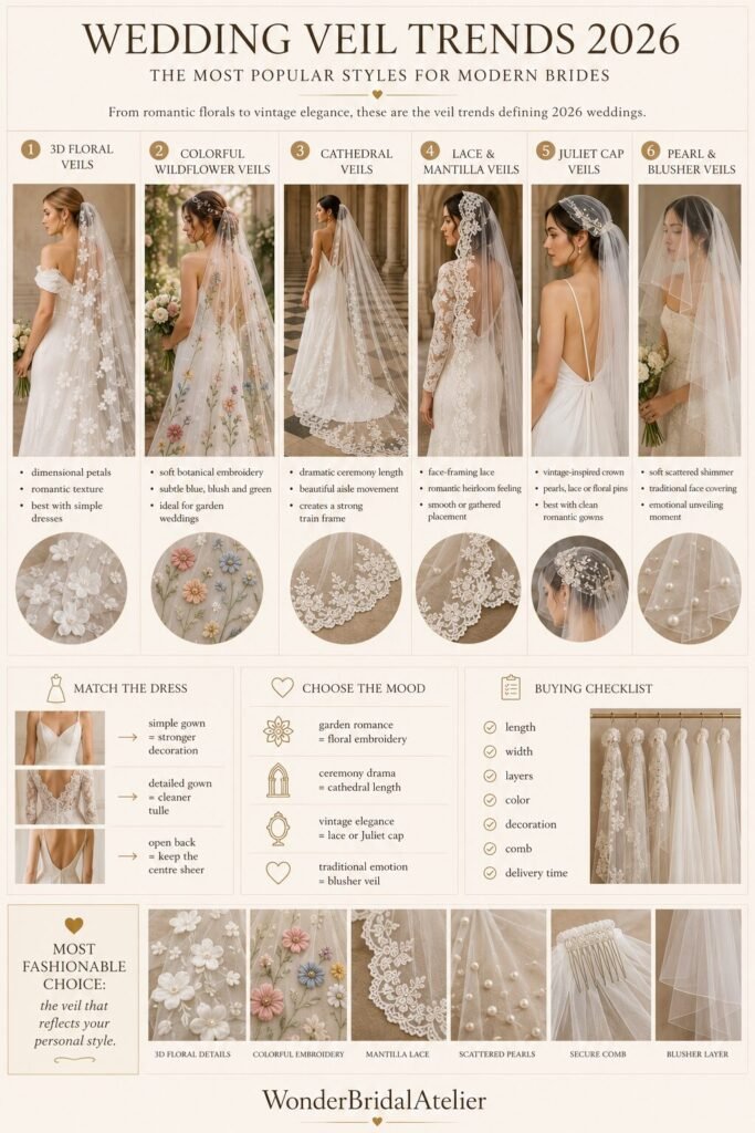Wedding veil trends 2026 guide showing floral cathedral mantilla Juliet cap pearl and blusher veils