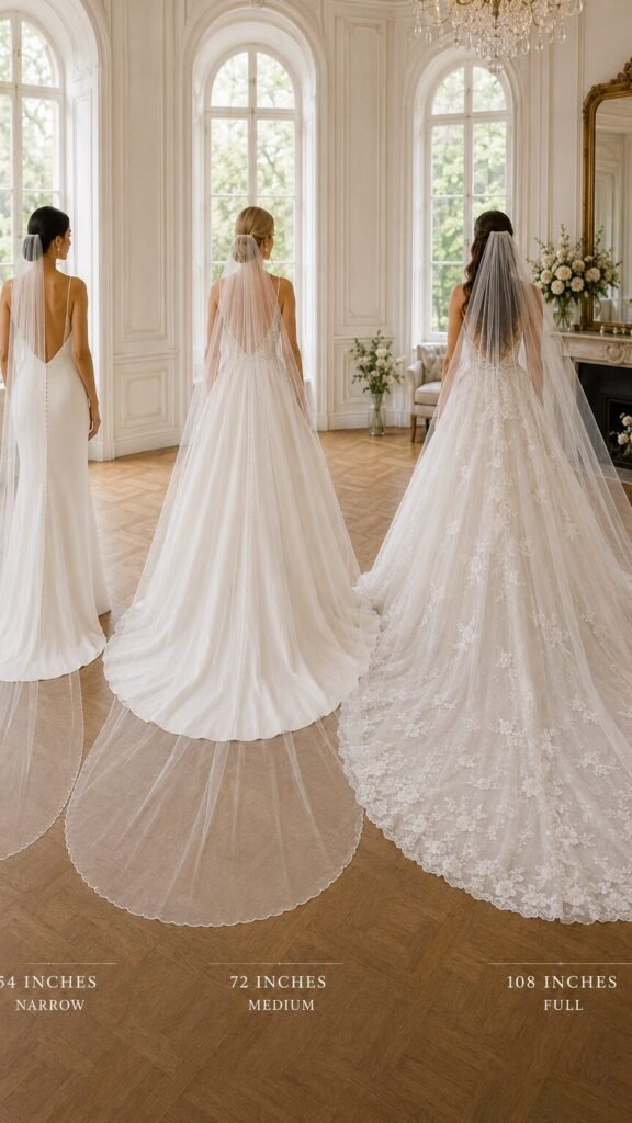 Wedding veil width guide comparing 54 72 and 108 inch veil fullness