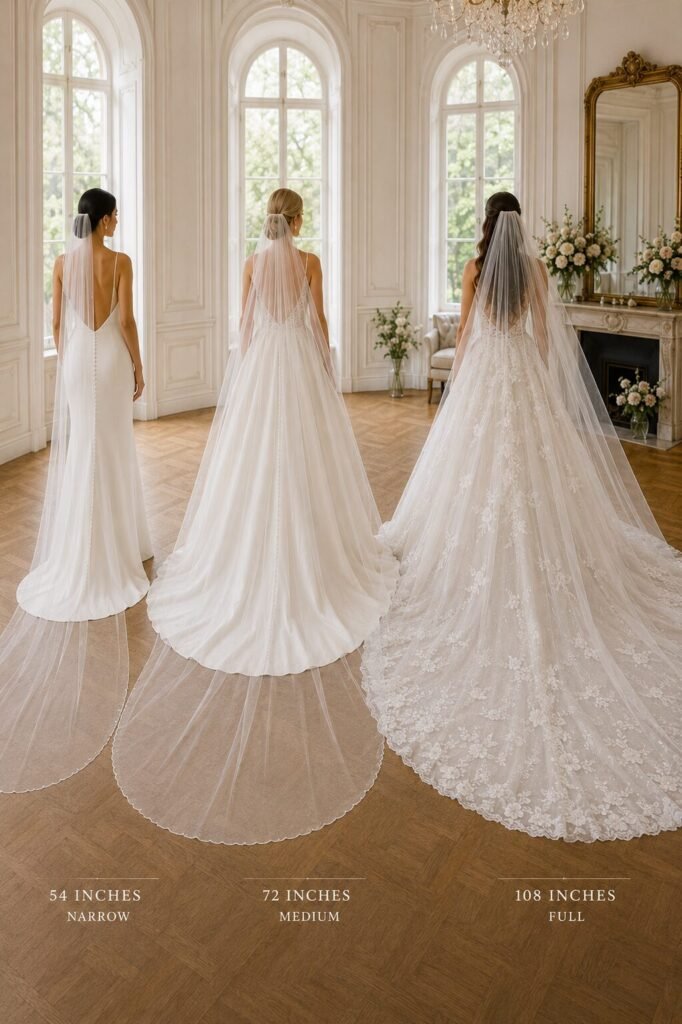 Wedding veil width guide comparing 54 72 and 108 inch veil fullness