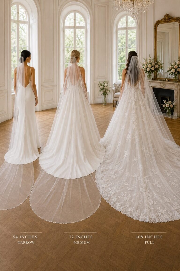 Wedding veil width guide comparing 54 72 and 108 inch veil fullness