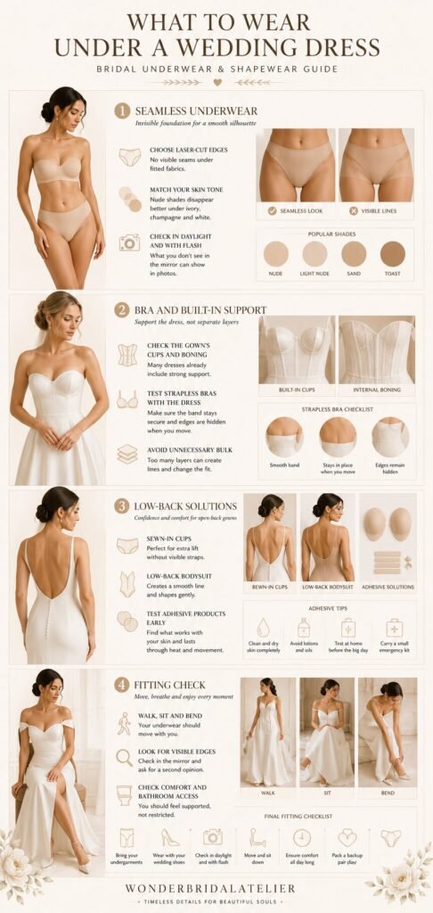 Bridal underwear guide showing seamless underwear support low-back solutions and fitting checks