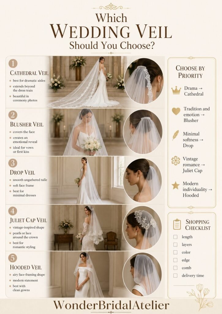 Wedding veil buying guide comparing cathedral blusher drop Juliet cap and hooded veils