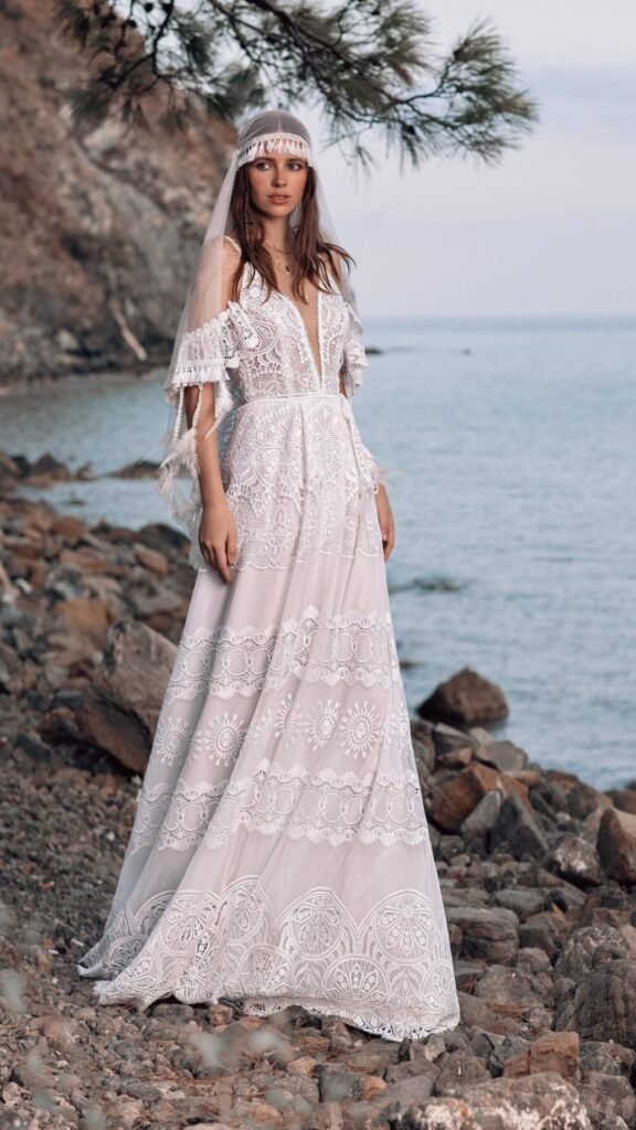 Boho Ivory Lace Open Back Wedding Dress  -  front view