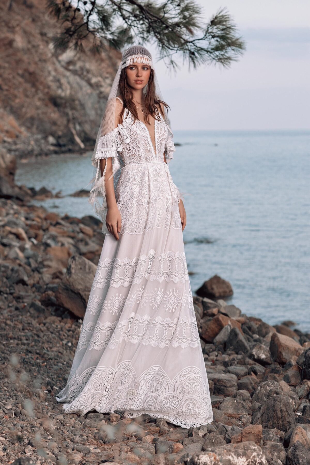 Boho Ivory Lace Open Back Wedding Dress - front view