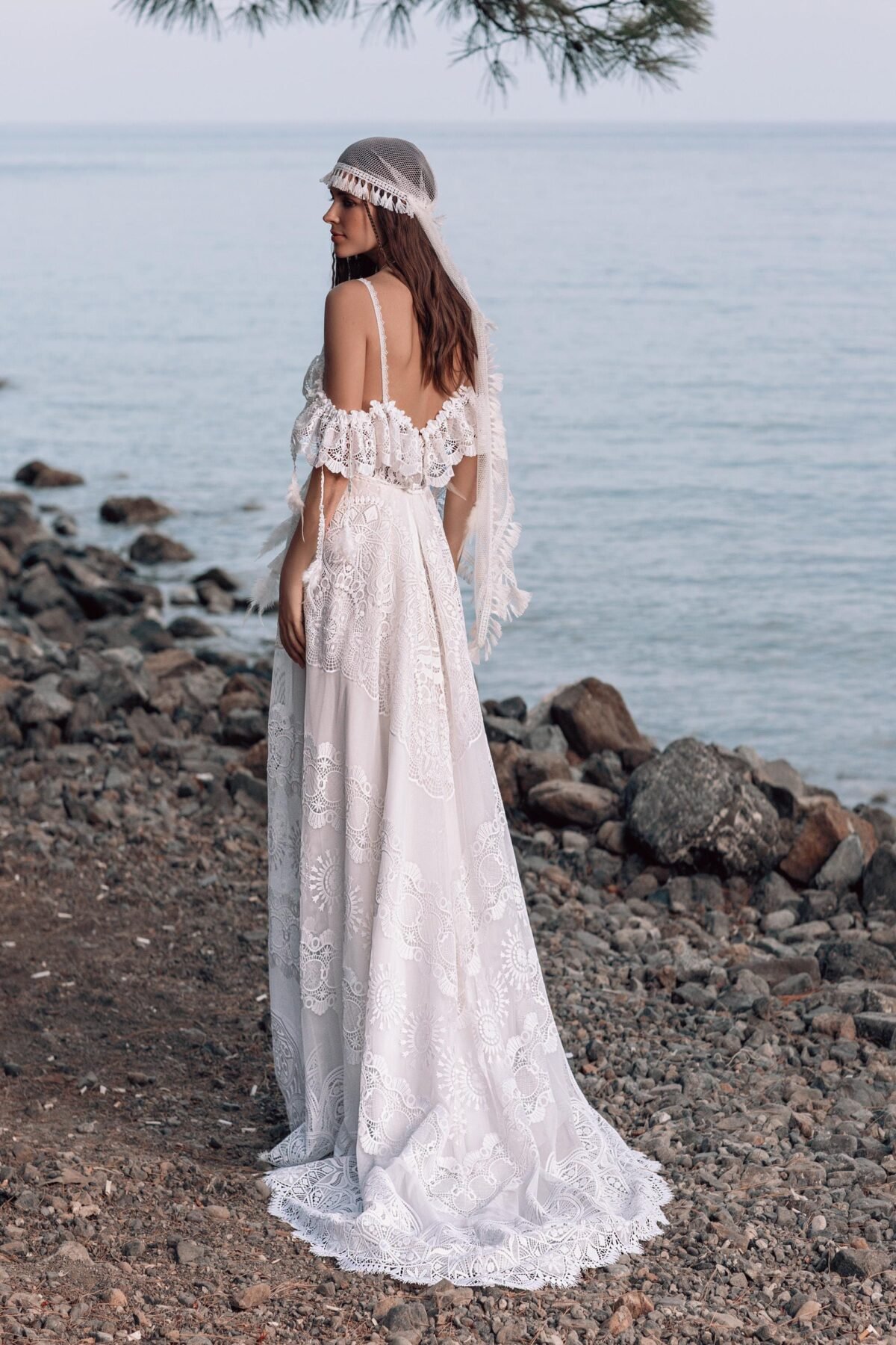 Boho Ivory Lace Open Back Wedding Dress - bridal view 2