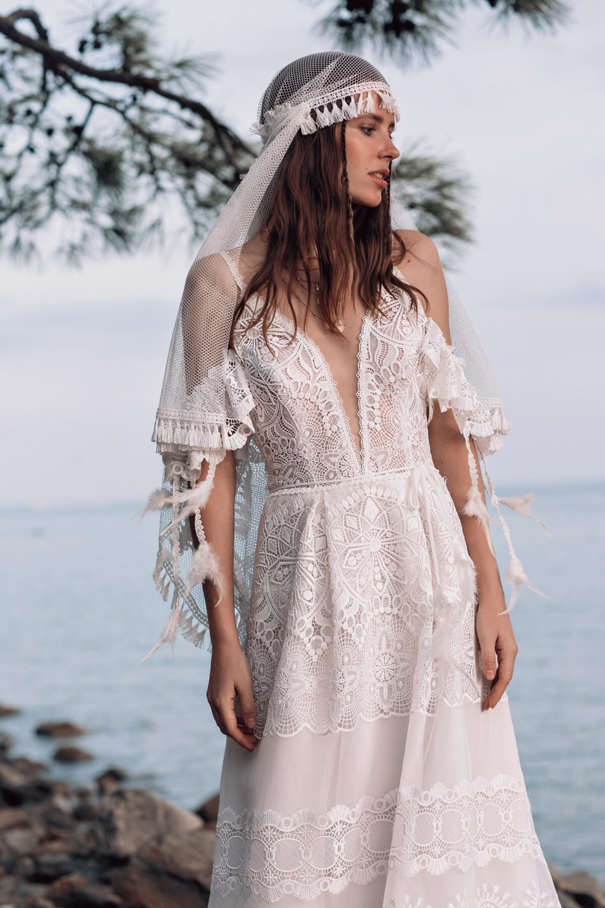 Boho Ivory Lace Open Back Wedding Dress - bridal view 3
